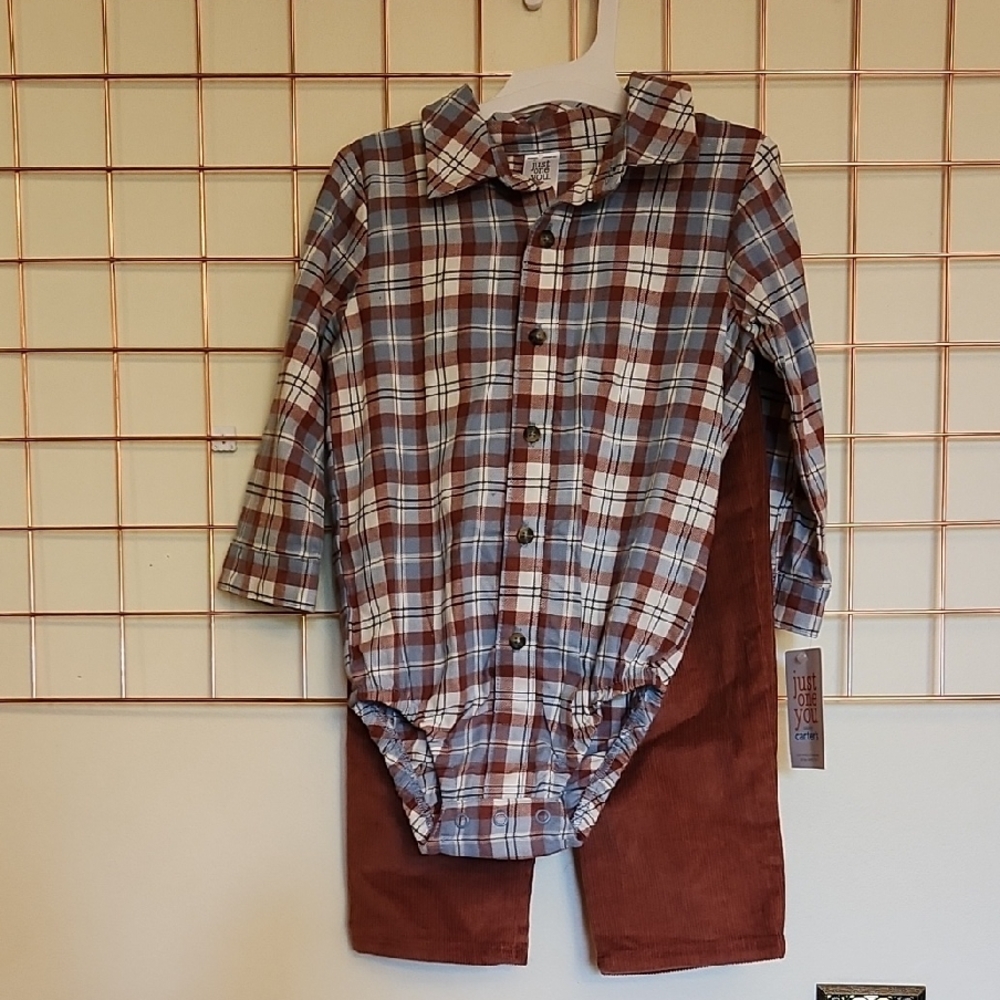 NWT Carter's Multicolor Plaid Button Down Bodysuit with Rust Cords, Size 18M